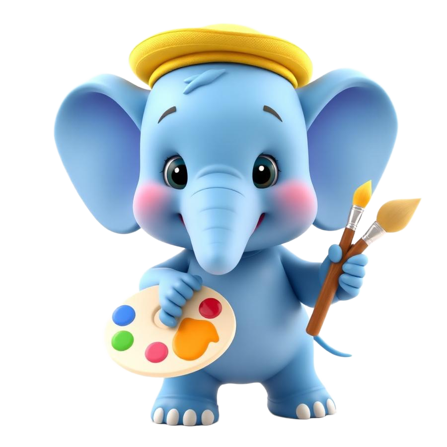 Friendly elephant character holding a paintbrush