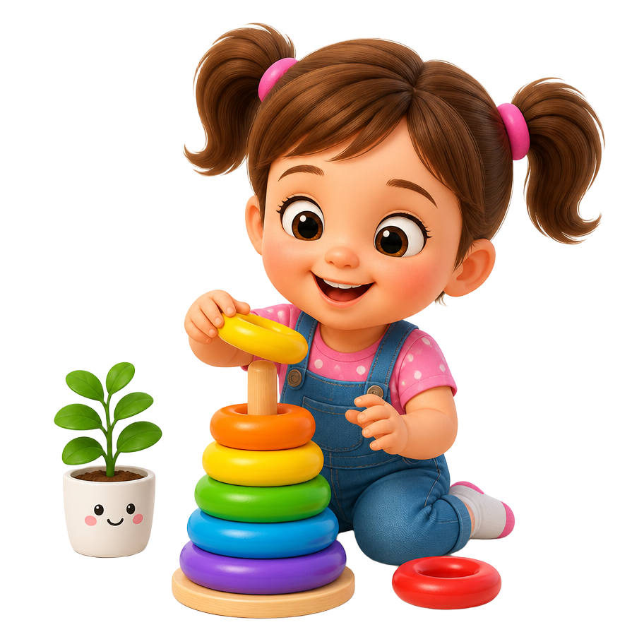 Toddler girl happily stacking colourful rings